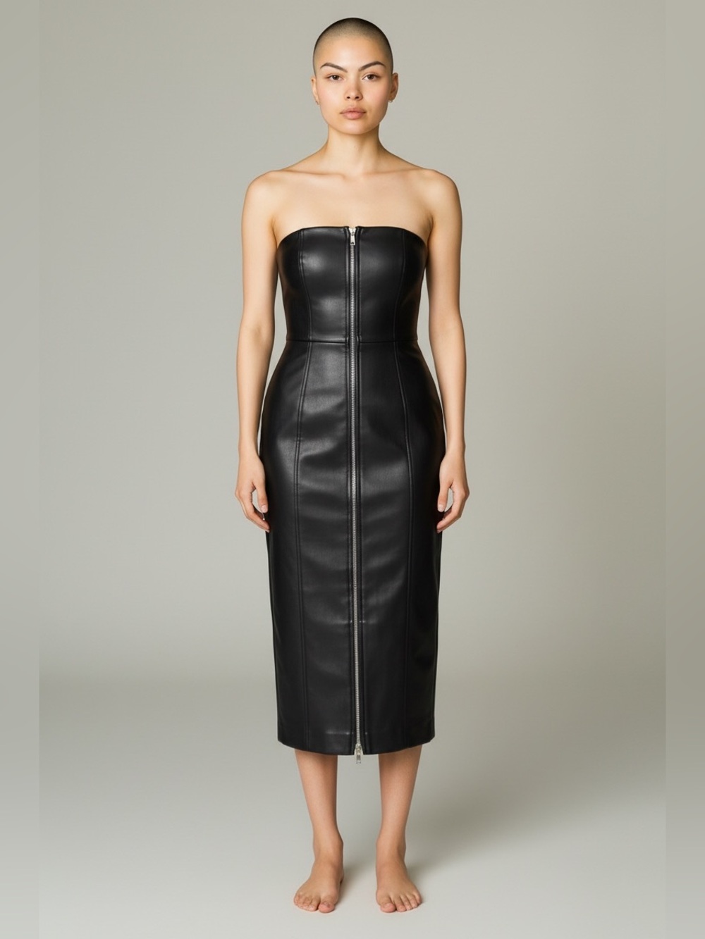 *Forever 21 Black Faux Leather Strapless Midi Dress | NWOT